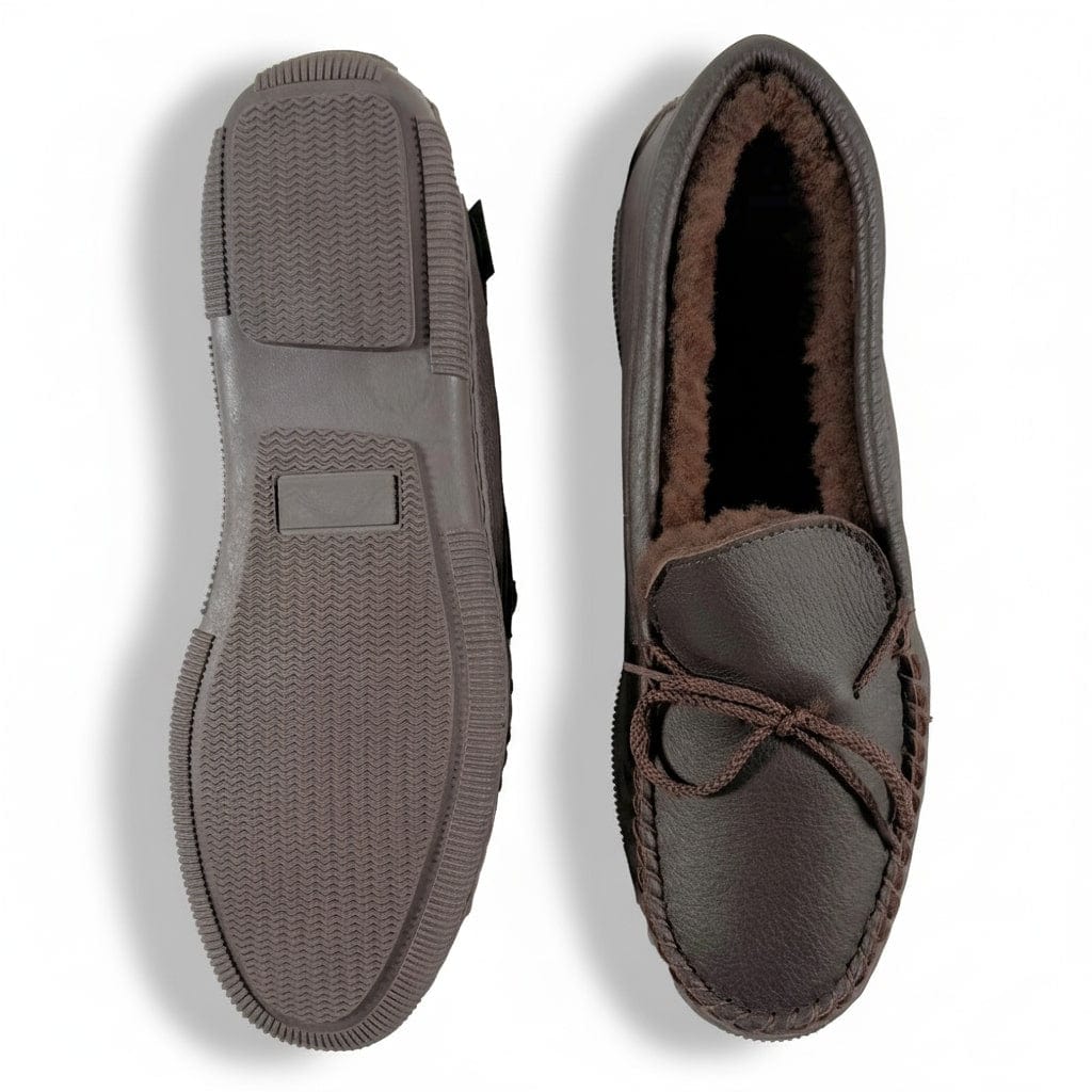 Men's Premium Rubber Sole Sheepskin Slippers - Brown