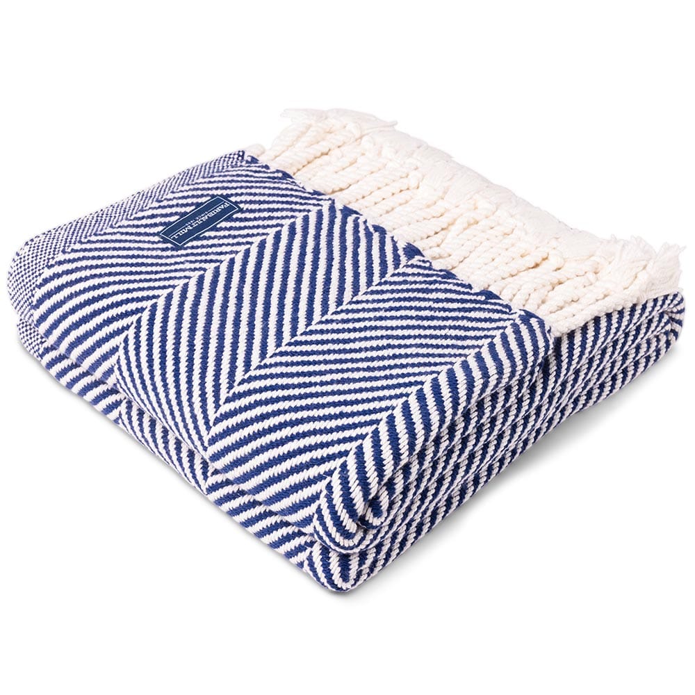 Monhegan Cotton Throw With Fringe - Navy 48" x 70" plus fringe active All Throws Best Seller Cotton Throws Current FWM group-gallery Herringbone Collection Herringbone Throw machine washable Monhegan Cotton Throw With Fringe personalization Regular Priced Throws