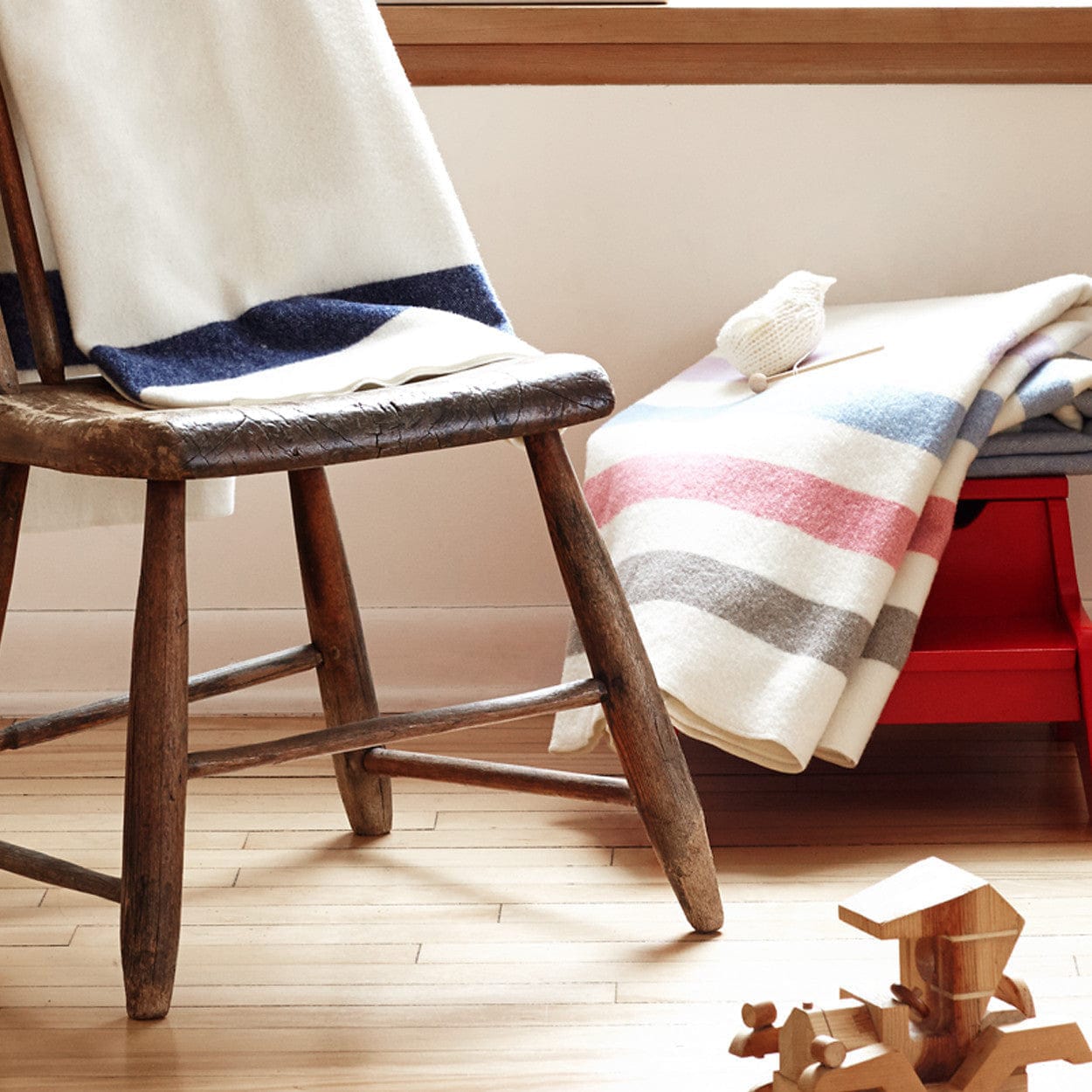 Faribault Mill 45" x 45" Classic Natural Wool Baby Blanket - Navy Stripe