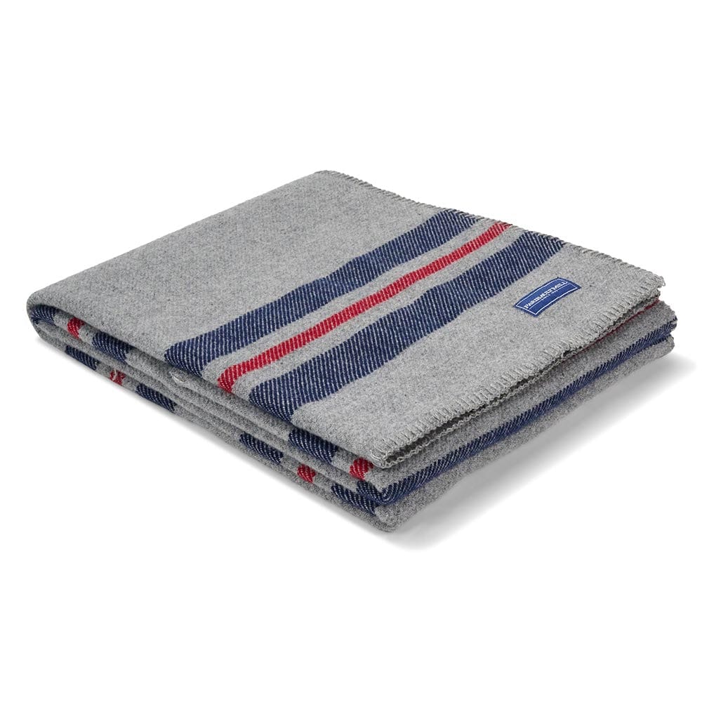 Faribault Mill Cabin heather gray middleweight wool throw, folded and displayed at an angle to highlight the thickness, loft of the wool, and whipstitched edges.