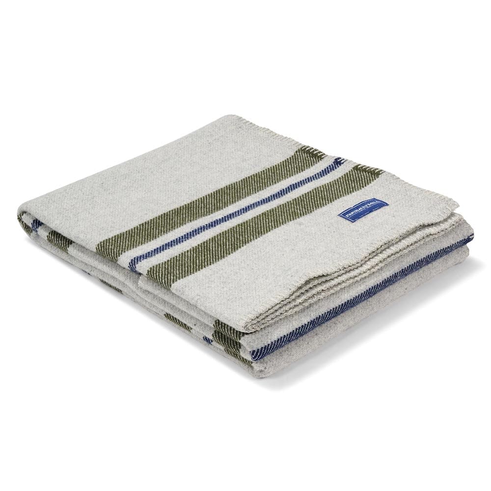 Faribault Mill Cabin smoke middleweight wool throw, folded and displayed at an angle to highlight the thickness, loft of the wool, and whipstitched edges.