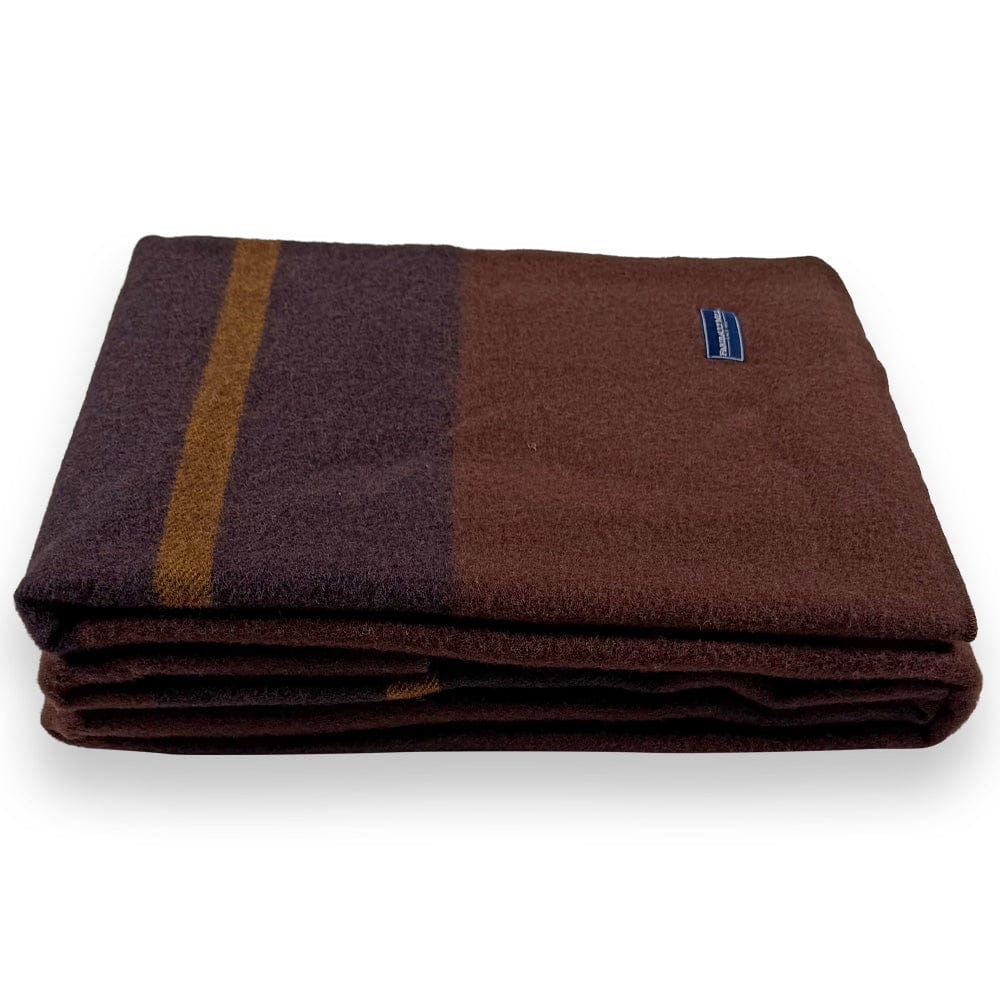 Faribault Mill Scout brown middleweight wool bed blanket, folded and displayed from the side to show the stacked layers and thickness.