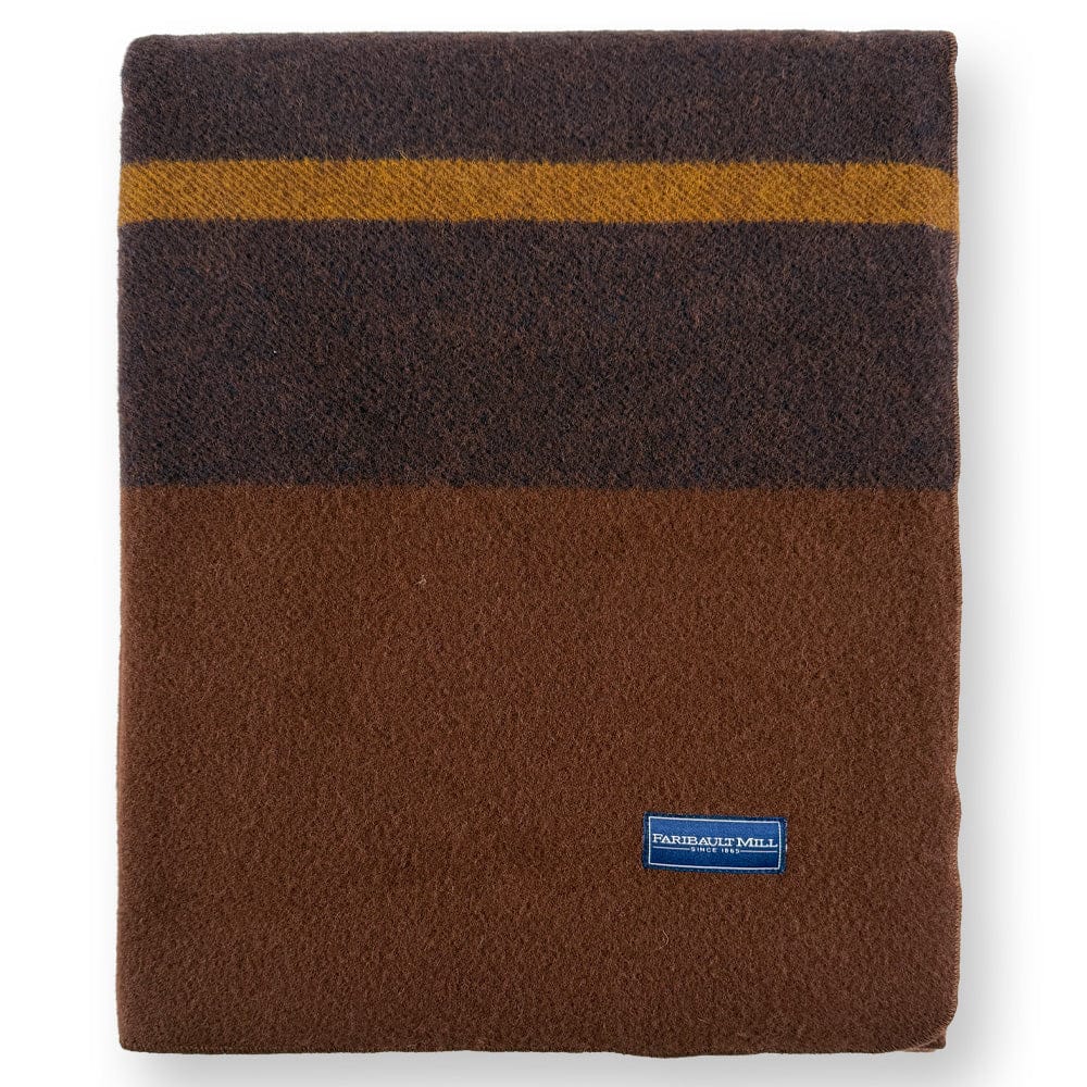 Faribault Mill Scout brown middleweight wool bed blanket, folded and displayed in a top-down view.