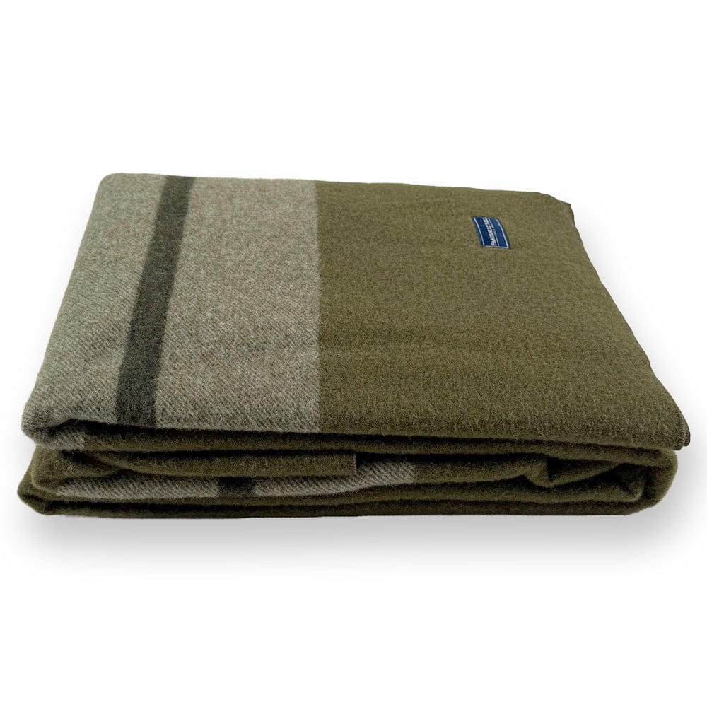 Faribault Mill Scout moss green middleweight wool bed blanket, folded and displayed from the side to show the stacked layers and thickness.