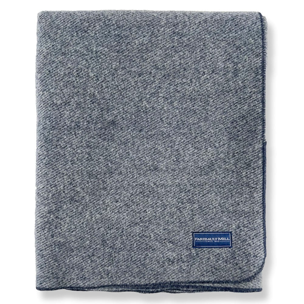 Faribault Mill Summit navy heavyweight wool bed blanket, folded and displayed in a top-down view.
