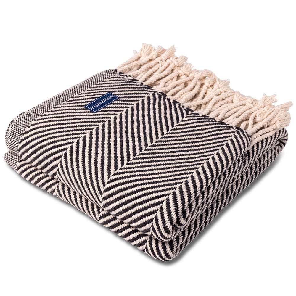 Monhegan Cotton Throw With Fringe - Ebony 48" x 70" plus fringe active All Throws Best Seller Cotton Throws Current FWM group-gallery Herringbone Collection Herringbone Throw machine washable Monhegan Cotton Throw With Fringe personalization Regular Priced Throws