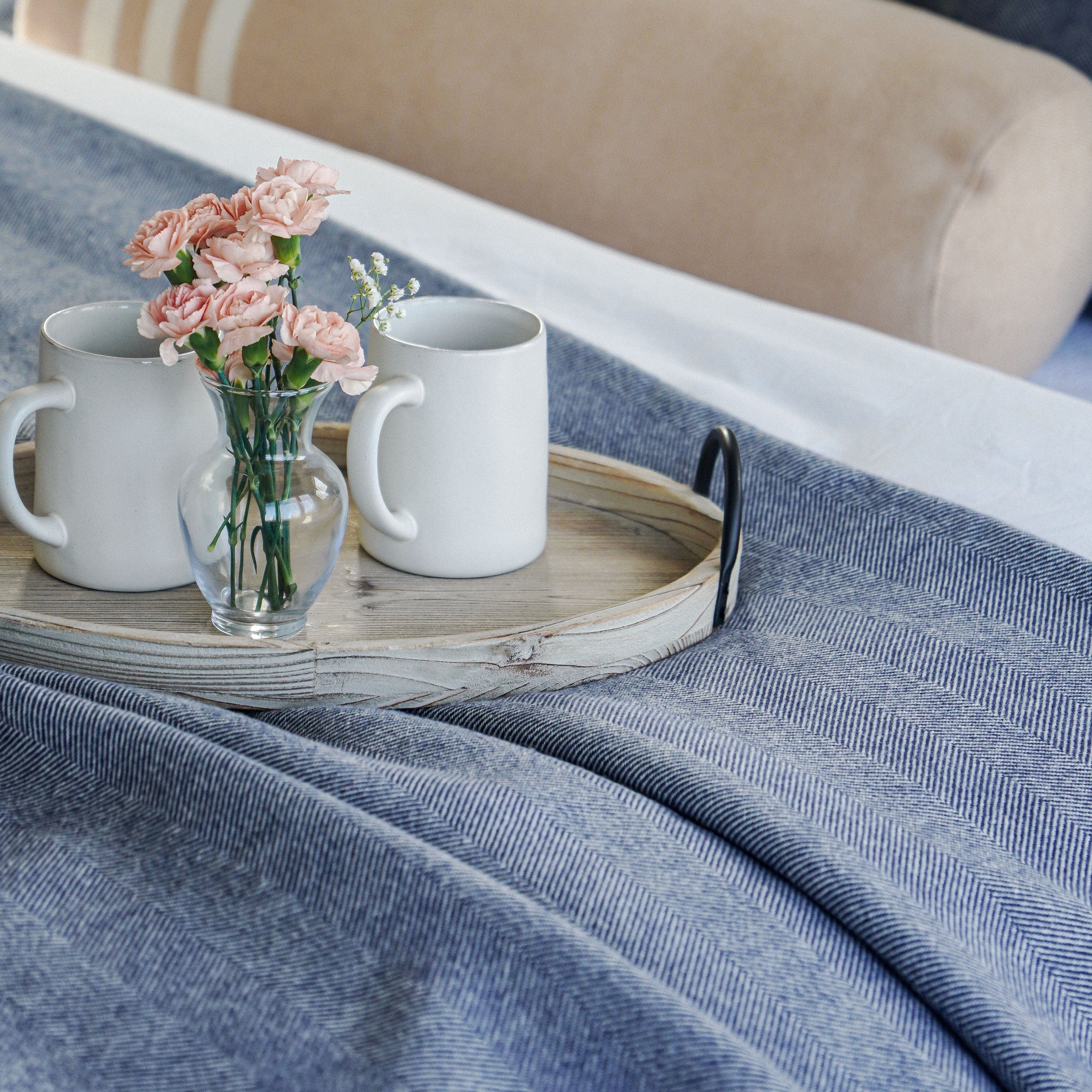 Factory Second Coastal Cottage Herringbone Wool Blanket - Blue Steel active Full group-gallery King machine washable Queen Solids Twin