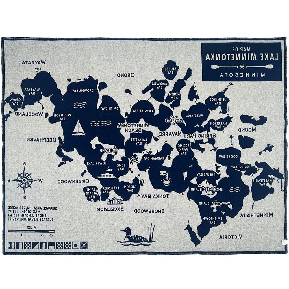 Factory Second Lake Minnetonka Map Wool Throw - Natural/Navy active Dry clean or hand wash Lakes & Maps