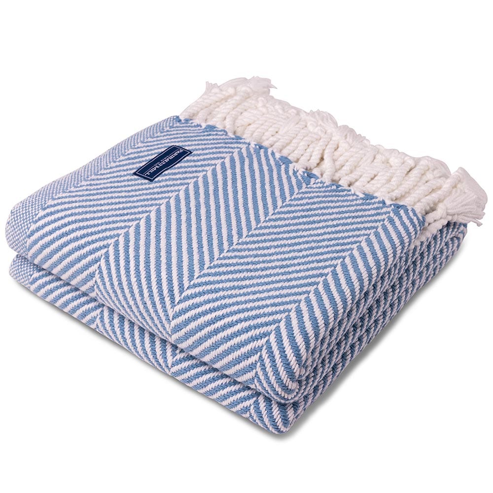 Monhegan Cotton Throw With Fringe - Denim 48" x 70" plus fringe active All Throws Best Seller Cotton Throws Current FWM group-gallery Herringbone Collection Herringbone Throw machine washable Monhegan Cotton Throw With Fringe personalization Regular Priced Throws