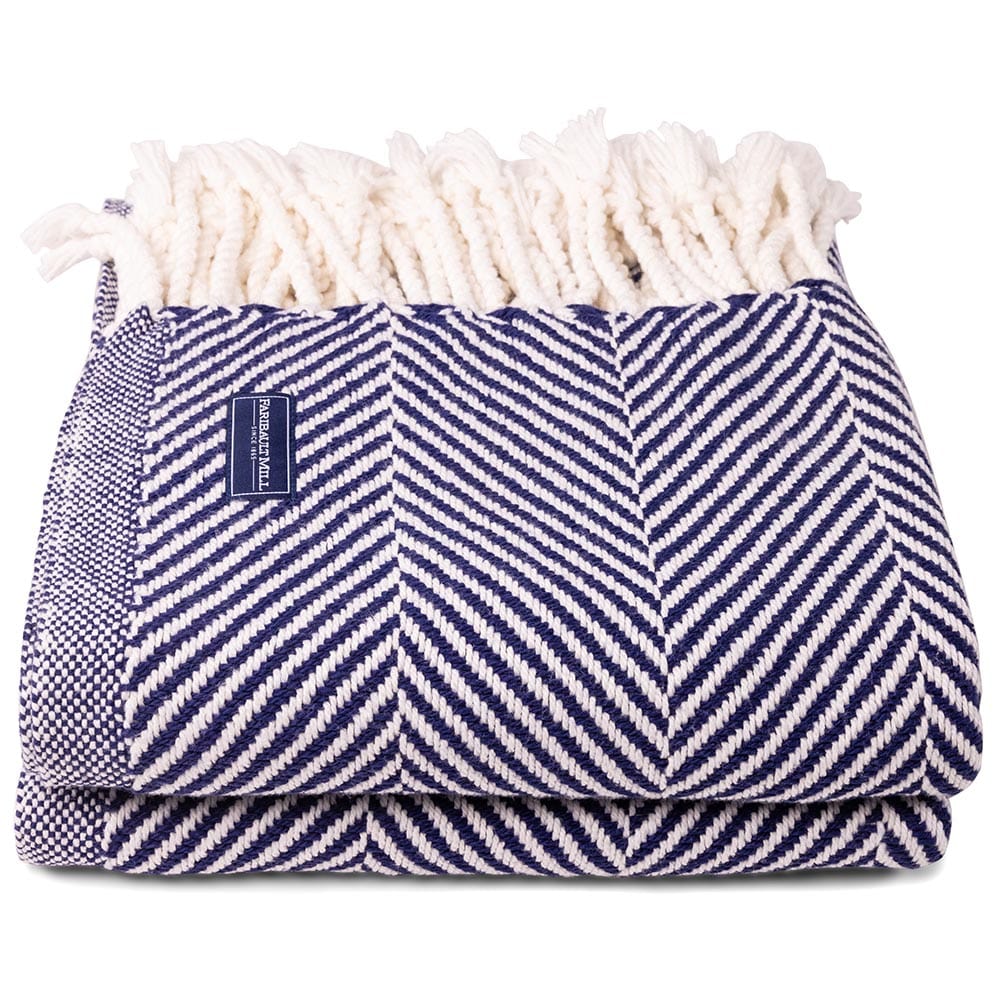 Monhegan Cotton Throw With Fringe - Navy active All Throws Best Seller Cotton Throws Current FWM group-gallery Herringbone Collection Herringbone Throw machine washable Monhegan Cotton Throw With Fringe personalization Regular Priced Throws
