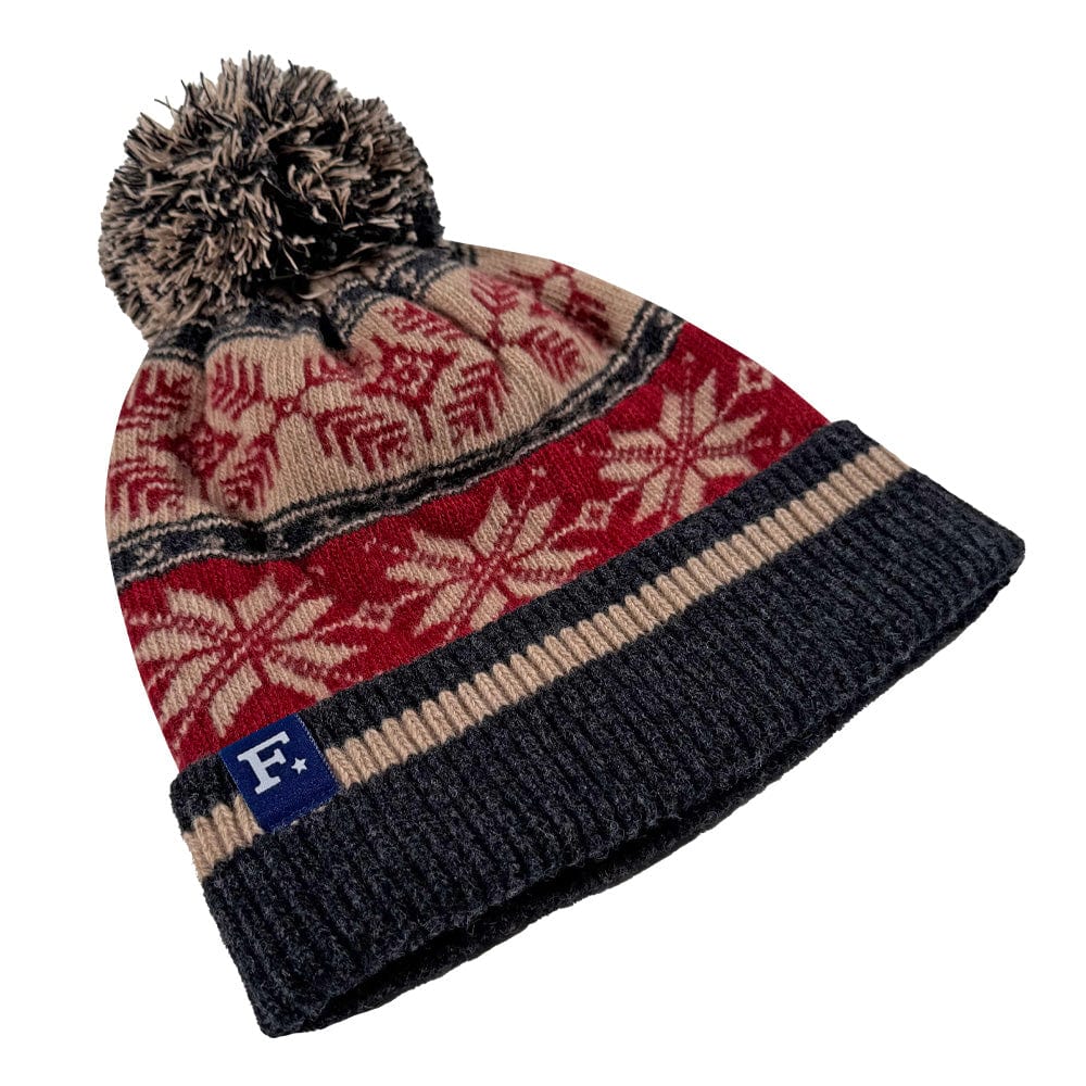 Nordic Pattern Pom Beanie - Red/Tan active Beanies dry clean only Nordic Pattern Pom Beanie