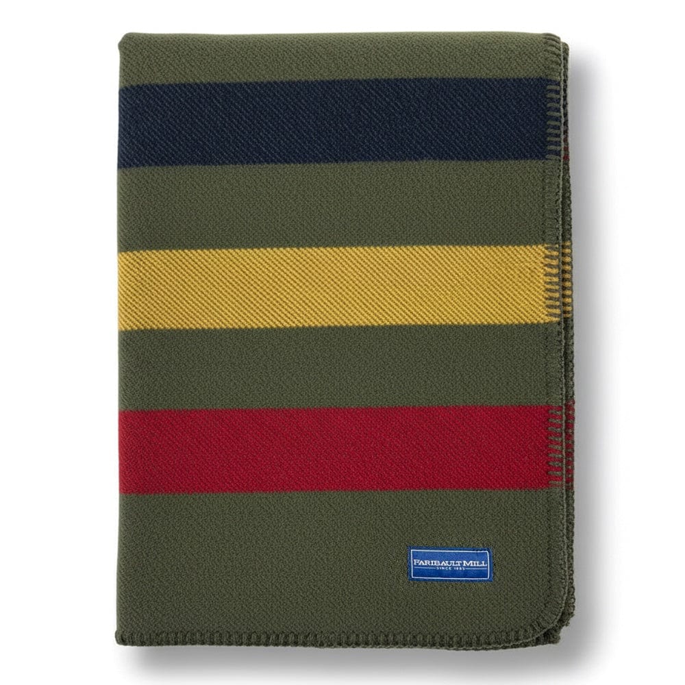 Faribault Mill Frontier olive middleweight wool throw, folded and displayed in a top-down view.