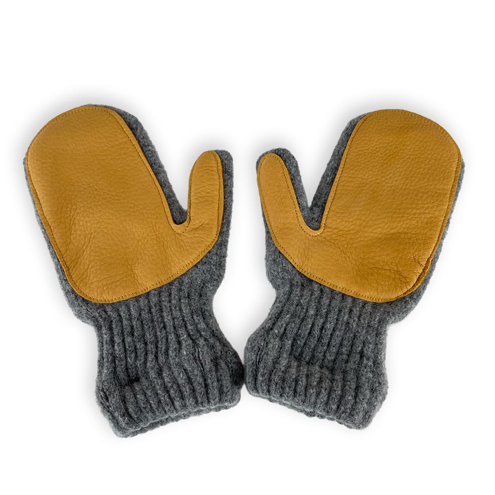 Faribault Mill Medium Mittens with Leather - Heather Gray/Honey Gold