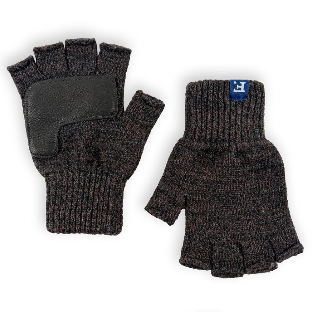 Faribault Mill One Size Fingerless Gloves with Leather - Black Tweed