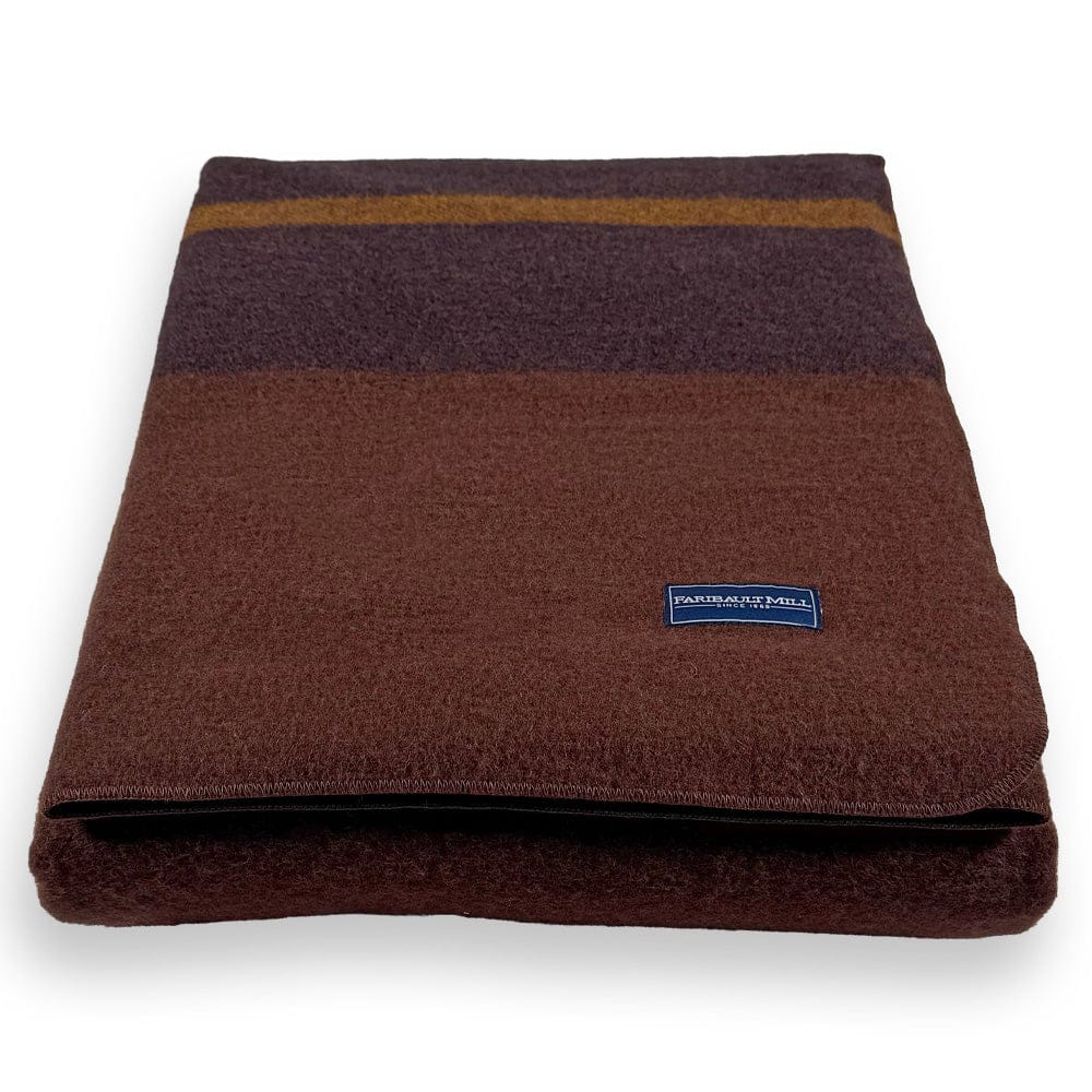 Faribault Mill Scout brown middleweight wool bed blanket, folded and displayed from the front showing the weave and texture.