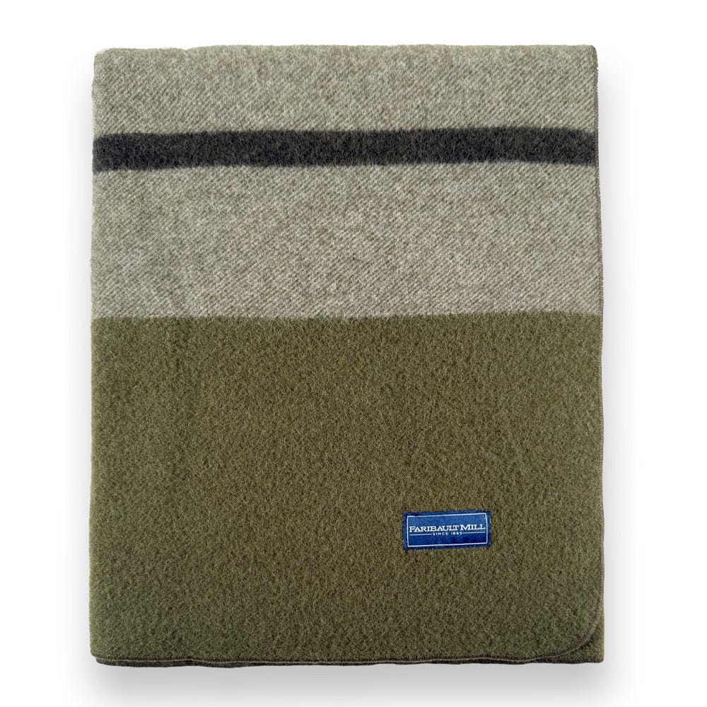 Faribault Mill Scout moss green middleweight wool bed blanket, folded and displayed in a top-down view.
