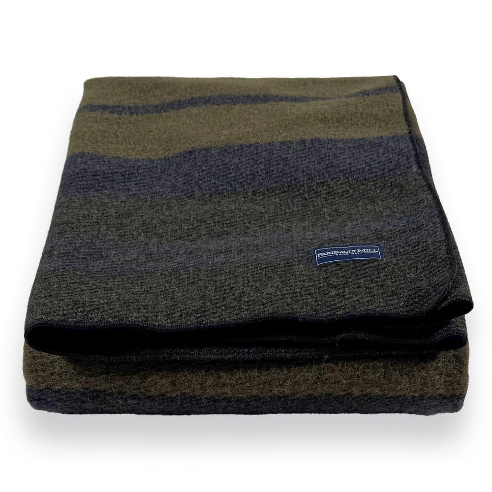 Faribault Mill Timberline Stripe green middleweight wool bed blanket, folded and displayed from the front showing the weave and texture.