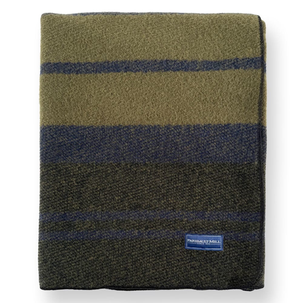 Faribault Mill Timberline Stripe green middleweight wool bed blanket, folded and displayed in a top-down view.