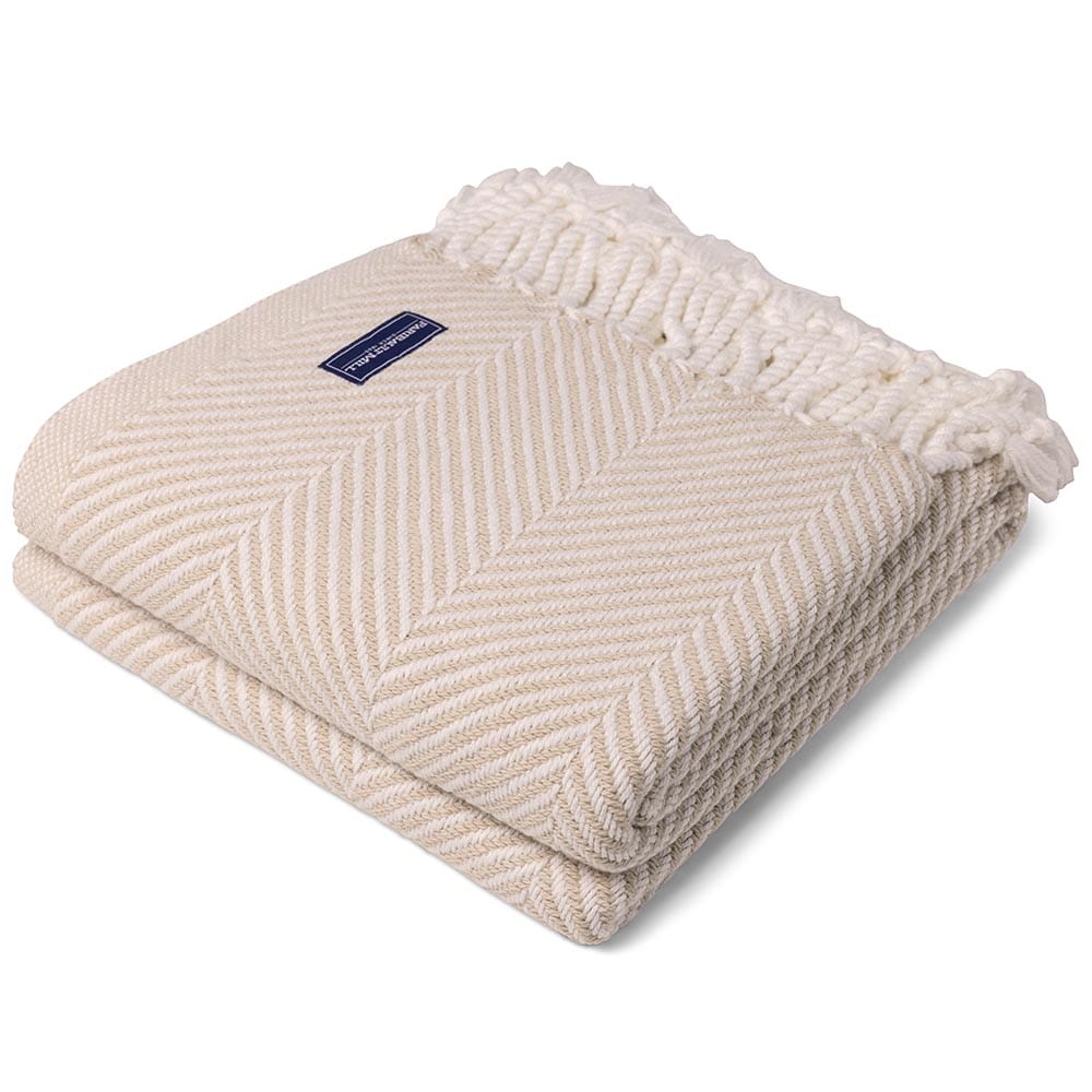 Monhegan Cotton Throw With Fringe - Oyster 48" x 70" plus fringe active All Throws Best Seller Cotton Throws Current FWM group-gallery Herringbone Collection Herringbone Throw machine washable Monhegan Cotton Throw With Fringe personalization Regular Priced Throws